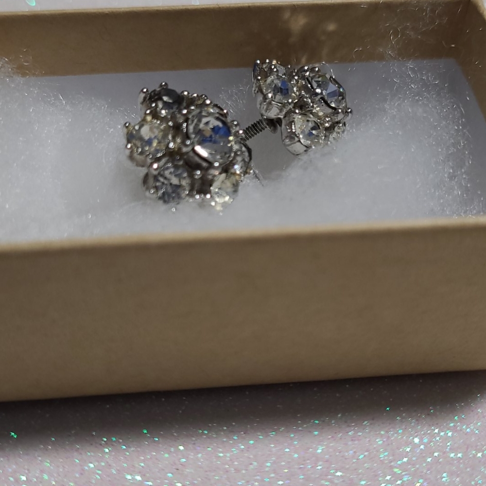 Bogoff Vintage Screw Back Earrings Clip Clear Crystals Rhinestones Faux Diamonds - Picture 8 of 13